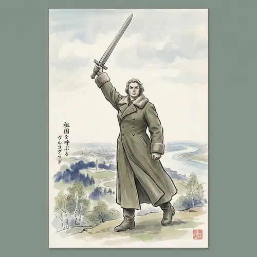 Russian Statue 'Motherland' from Volgograd in Japanese Painting Style