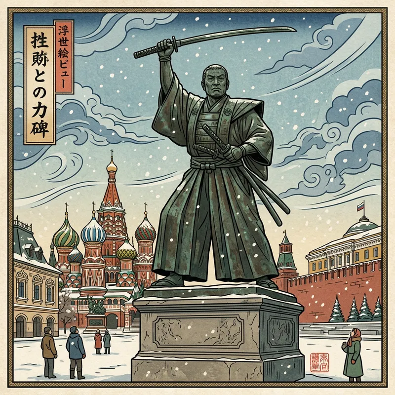 Monumental 'Motherland' Statue in Samurai Garb - Ukiyo-e Artwork Monumental 'Motherland' Statue in Samurai Garb - Ukiyo-e Artwork