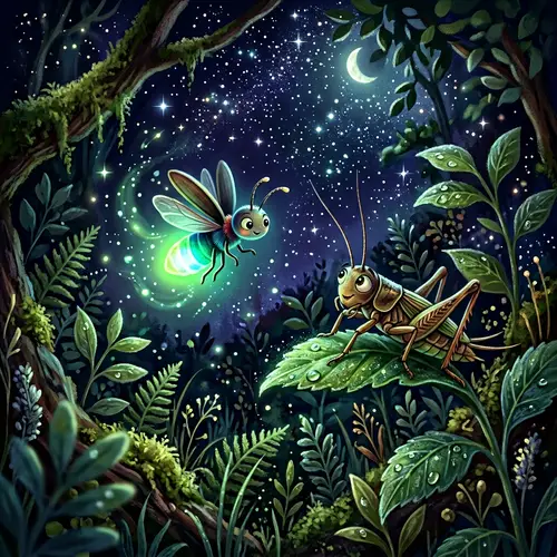 Brilliant Green and Blue Firefly with Curious Cricket in Night Scene
