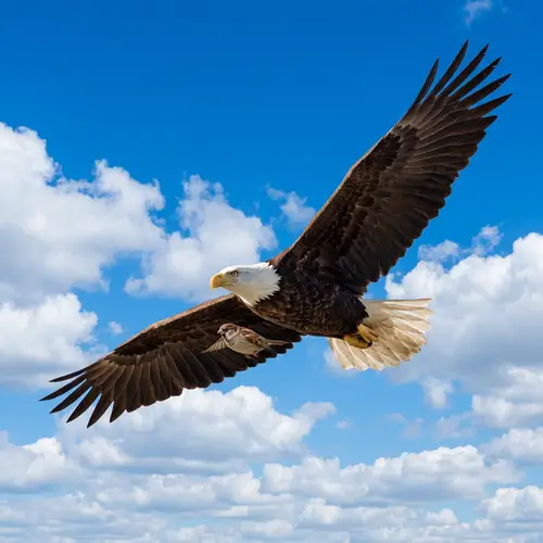 Majestic Eagle Soaring High in Azure Sky | Unusual Companionship