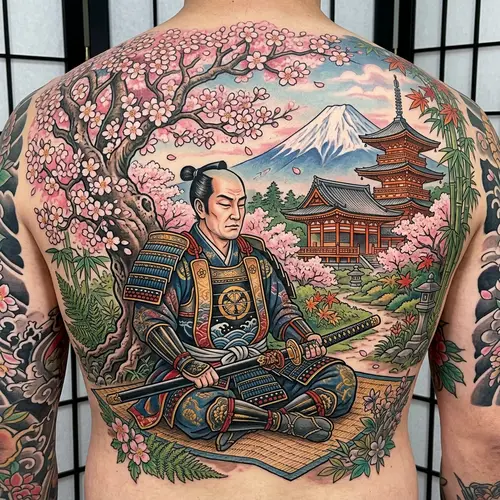 Japanese Samurai Tattoo Design with Cherry Blossom Tree and Mount Fuji