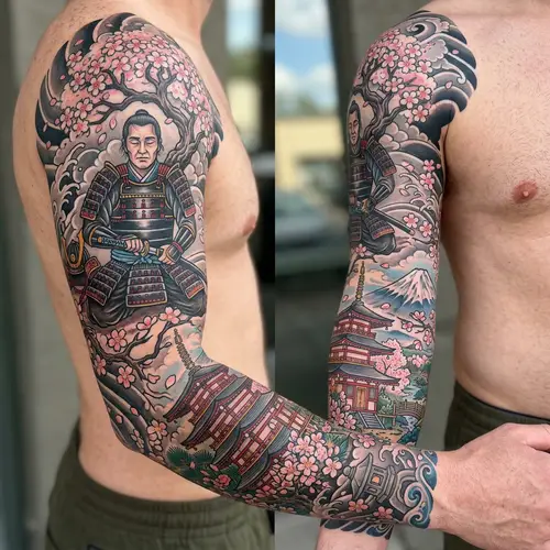 Japanese Samurai and Temple Full Sleeve Tattoo Design