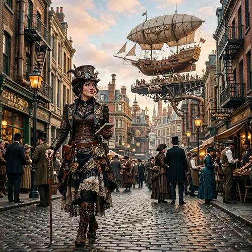 Steampunk Aficionado in Bustling City Street with Intricate Airship