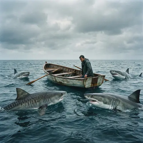 Sharks Surrounding a Small Rowboat