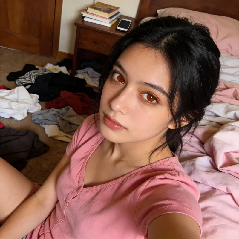Young Woman in Messy Bedroom | Pink Top & Black Hair