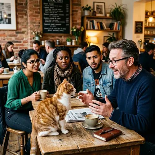 Man Talking to Cat Surrounded by Diverse Group | Engagement Scene