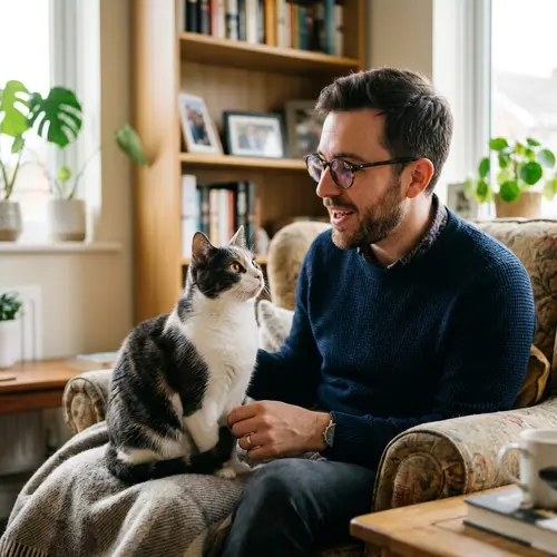 Mid-Thirties Man Talking to Domestic Cat | Engaging Conversation