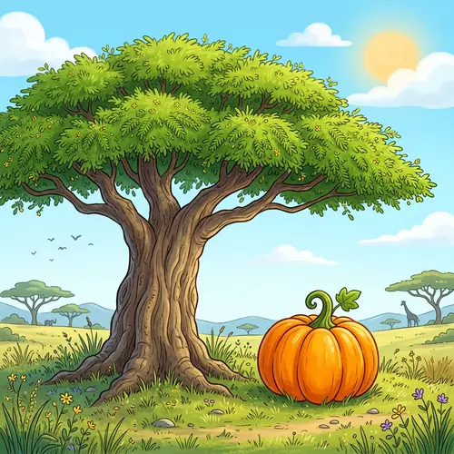 Whimsical Acacia Tree Illustration with Pumpkin | Bright and Cartoon Style