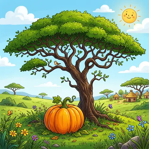 Colorful Acacia Tree with Ripe Pumpkin - Whimsical Cartoon Illustration