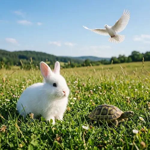 Cute Bunny, Turtle, and Dove in Serene Meadow