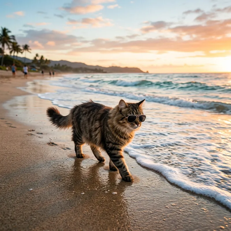 Cat Wearing Sunglasses Walking On Beach Shore