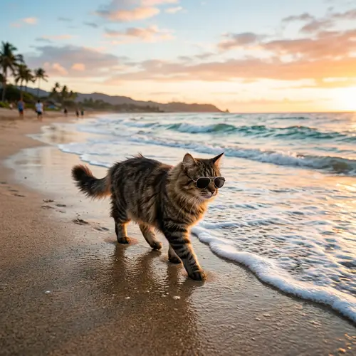 Cat with Sunglasses Strolling on Beach