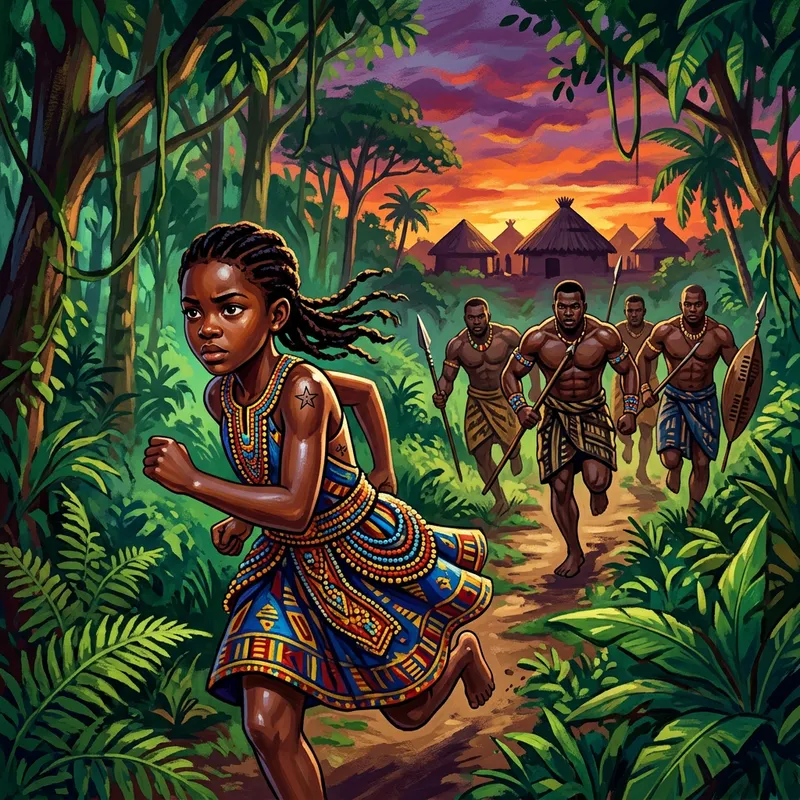 Brave Black Princess Evading Warriors in Lush African Forest Brave Black Princess Evading Warriors in Lush African Forest