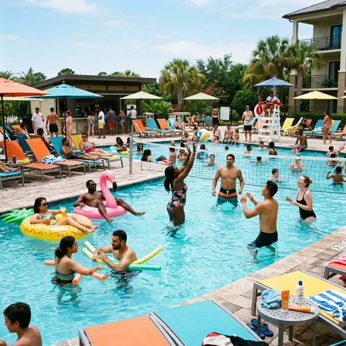 Diverse Pool Scene: People of Different Descent Enjoying Sunny Day