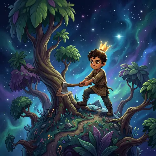 Young Middle-Eastern Lad with Glistening Crown Wielding an Ax