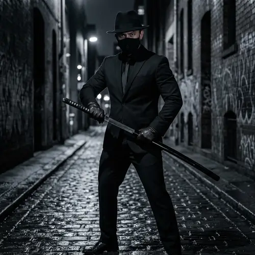Mysterious Man in Black Suit with Katana
