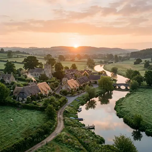 Tranquil Village Scene with Sun-Rising River