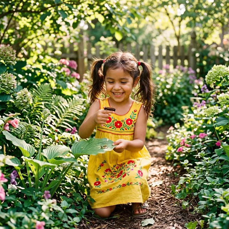 Joyful Hispanic Little Girl Scooping Fuzzy Caterpillar in Yellow Sundress