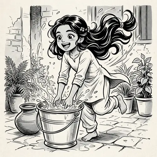 South Asian Girl Playing with Water - Expressive Manga Aesthetics