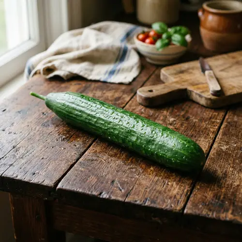 Fresh Green Pepino Cucumber on Rustic Wooden Table