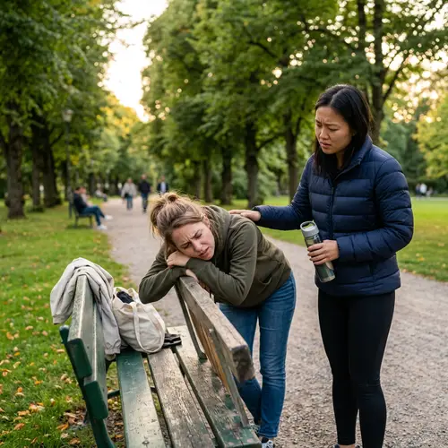 Woman Vomiting Outdoors - Scene of Sickness and Comfort in the Park