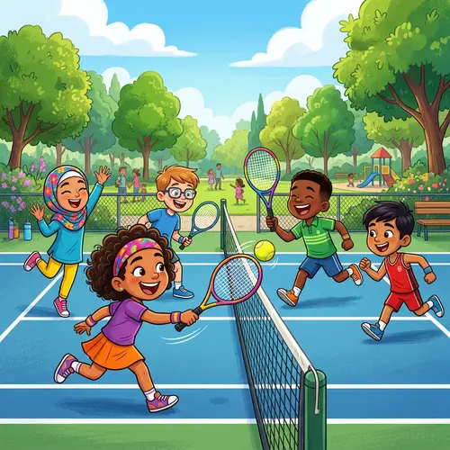 Joyful Kids Tennis Game with Diverse Group | Fun & Action-Packed Scene