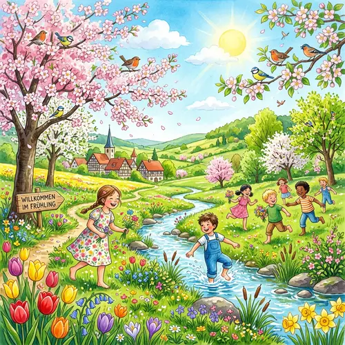 Vibrant Spring Season Illustration: Flowers, Birds, and Children
