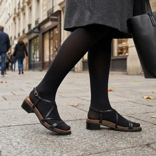 Elegant Black Sandals and Tights | Women's Footwear Fashion