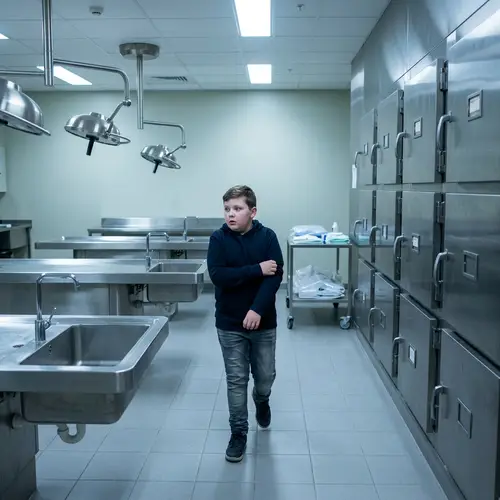 Curiosity and Trepidation: Boy in Chilly Morgue Environment