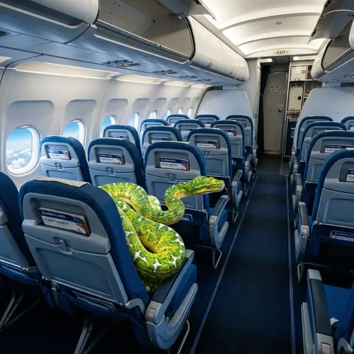 Vibrant Serpent Amidst Airplane Seats - Wildlife Scene