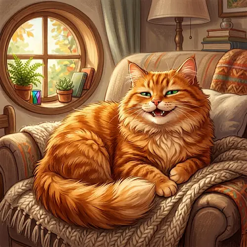 Smiling Cat Illustration: Contented Grin & Emerald Green Eyes