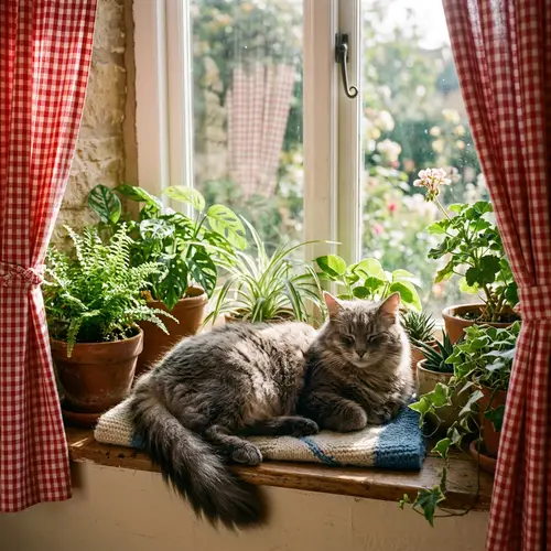 Fluffy Grey Domestic Cat Lounging in Sunlit Window Sill