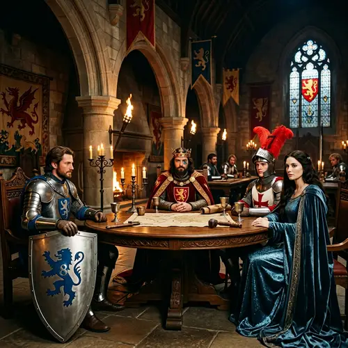 Arthurian Legends Round Table Scene with King Arthur, Lancelot, Lady of the Lake, Perceval