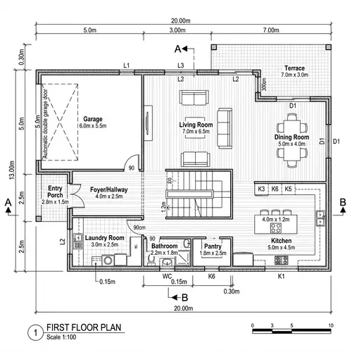 Architectural 2D Plan for House: 20m x 13m with Living Room, Dining Room, Kitchen & More