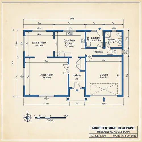 Architectural Blueprint for 20x13m House Design with Living Room, Kitchen, Garage