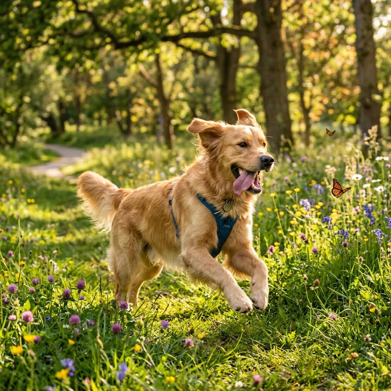 Playful Golden Retriever Dog frolicking in Park