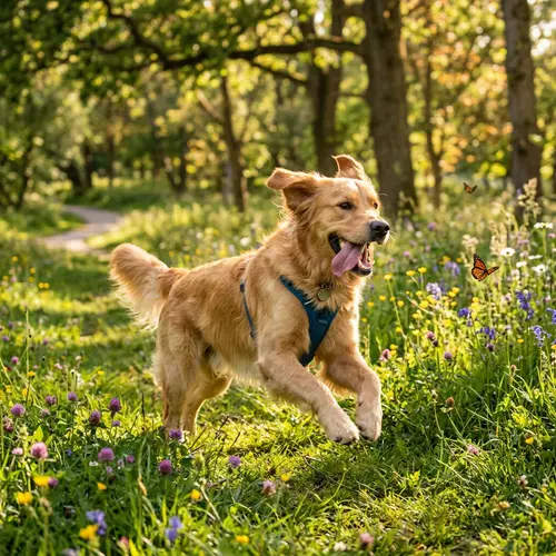 Happy Golden Retriever Running in Grassy Park