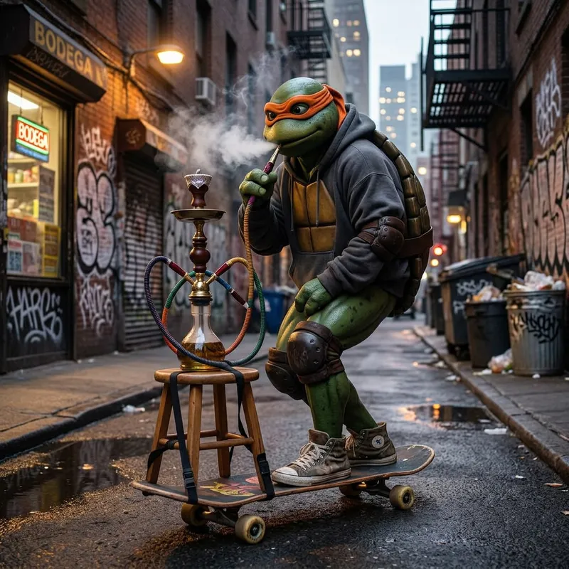 Teenage Mutant Ninja Turtle Skating with Hookah