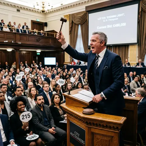 Realistic Auction Broker Raising Gavel in Trade Hall