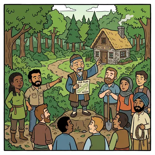 Diverse Villagers Strategize in Enchanted Forest