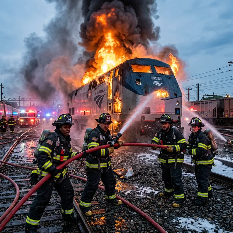 Diverse Firefighters Battle Intense Blaze on Modern Train Locomotive