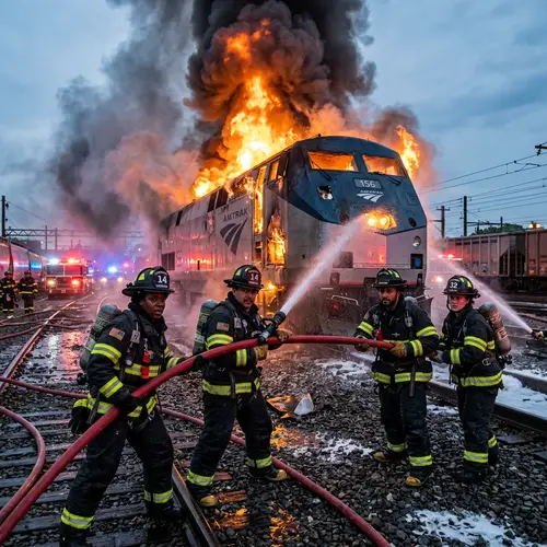 Firefighters extinguishing fire on modern train locomotive