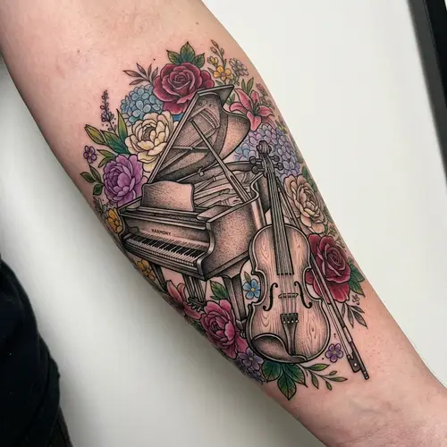 Detailed Piano and Violin Tattoo Design