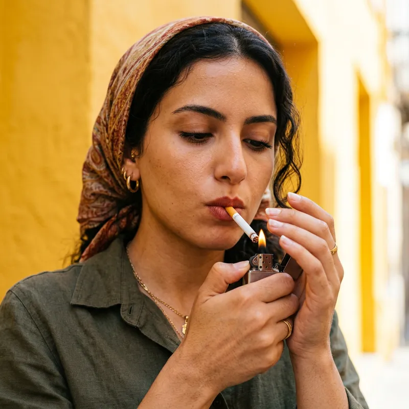 Hyperrealistic Close-Up of a Woman Lighting a Cigarette