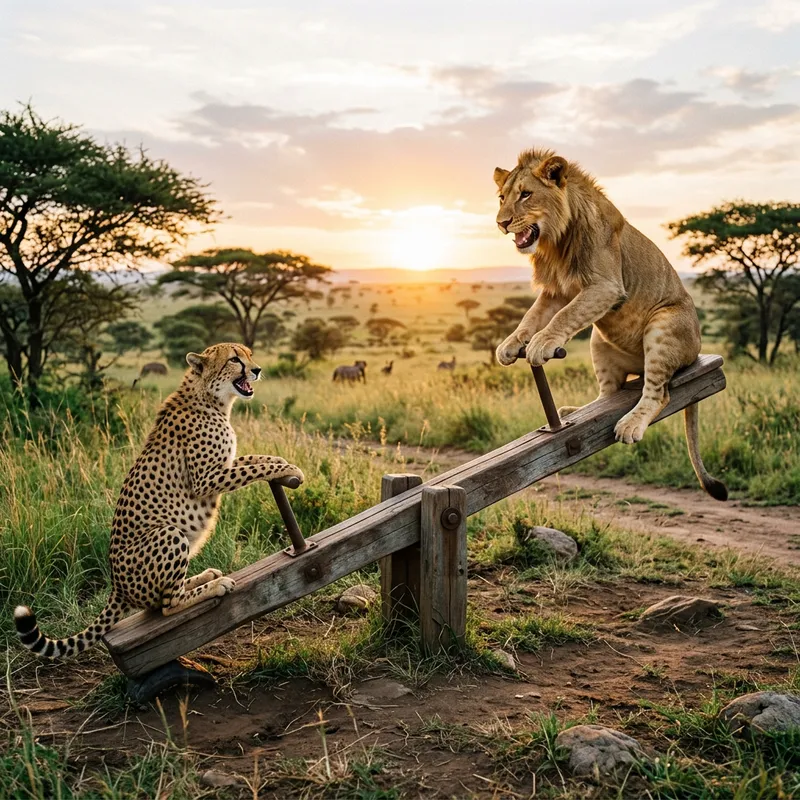 Lion and Cheetah Playing on Seesaw
