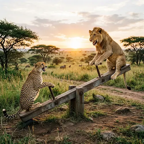 Lion and Cheetah Playing on Seesaw