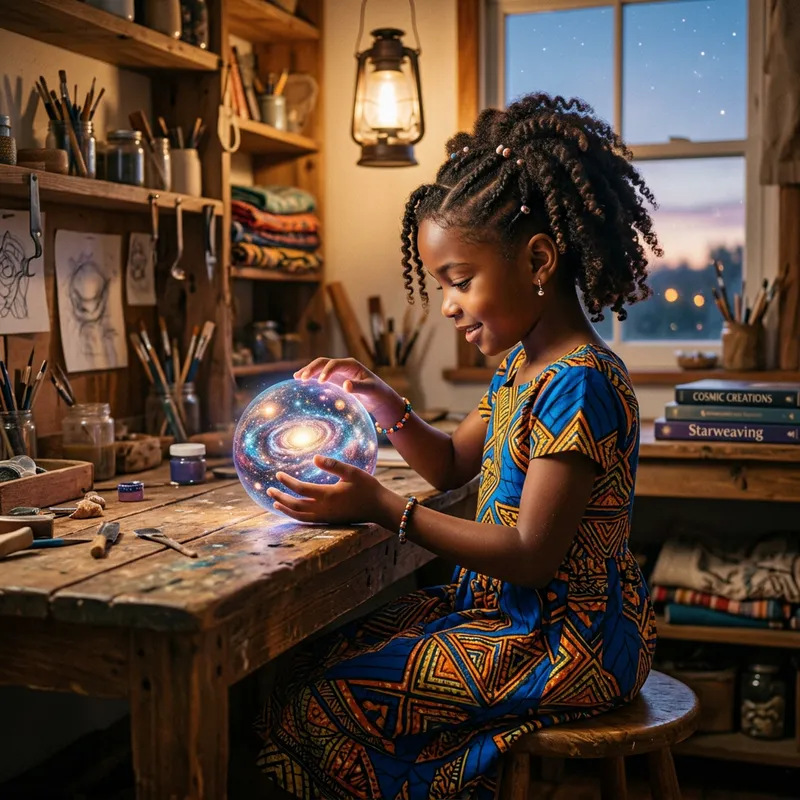 Young African Girl Crafting a Galaxy Ball - Handmade Art Young African Girl Crafting a Galaxy Ball - Handmade Art