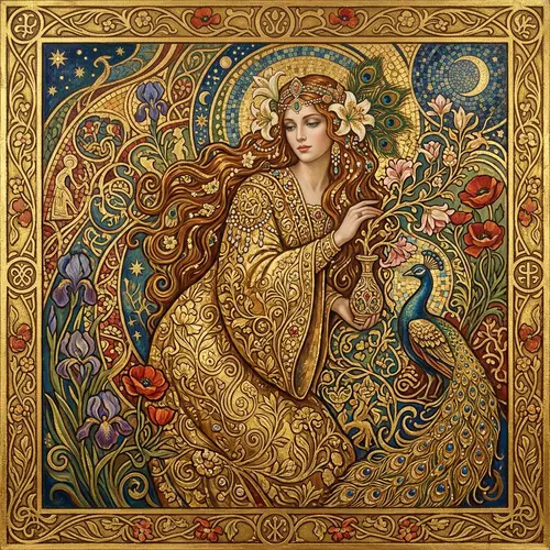 Golden Art Nouveau Style Painting with Oil and Gold Leaf on Canvas