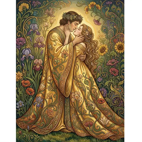 Romantic Scene Inspired by Gustav Klimt's 'The Kiss'