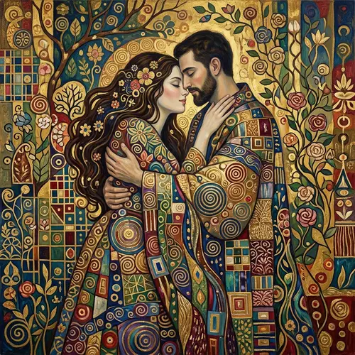 Symbolist Art: Romantic Embrace in Klimt-Inspired Pattern